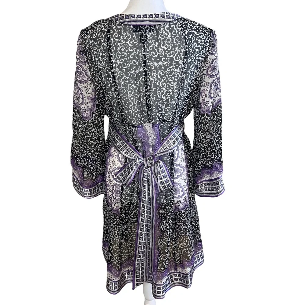 INC International Concepts  VNeck Long Sleeve Black Purple Sheer Silk Dress * 10 - Picture 2 of 15
